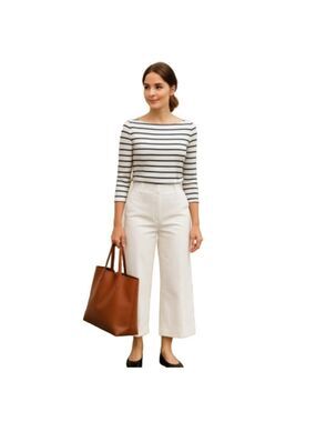 White Wide Leg Cropped Trouser Pants Cotton Blend High Waist Lightweight, S (27)